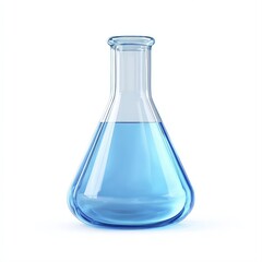 A laboratory flask filled with a blue liquid, isolated on a white background, ideal for educational materials, science-related projects, or chemistry promotional content,