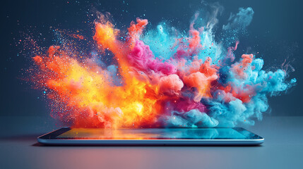 Creative explosion of colors erupting from a tablet display
