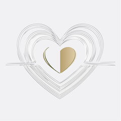 Continuous line heart shape border with realistic paper heart on white background