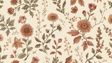 Showing floral print on cream backdrop, with chrysanthemums tulips berries foliage stems