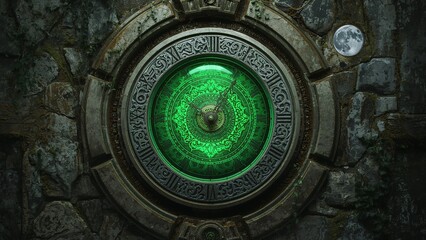 Circular mechanism glowing green dial and rotating needle in mossy cracked wall, with moon disc