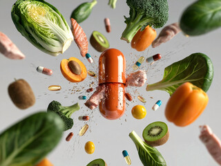 Bursting Orange Capsule with Healthy Foods and Supplements