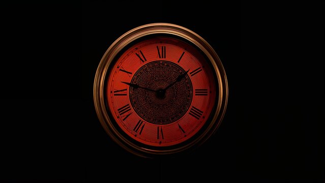 Emitting red glow from ornate clock face against black space, with metal frame and Roman numerals - Powered by Adobe