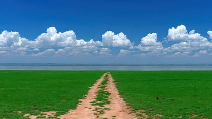 A serene landscape featuring a dirt path leading through lush green grass towards a tranquil lake under a blue sky dotted with fluffy clouds, Ideal for nature-themed projects and outdoor promotion,