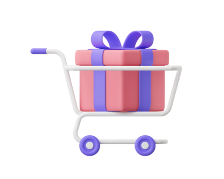 3d render of a gift box with ribbon in a shopping cart