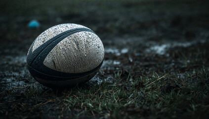 Resting weathered striped rugby ball lying on rugby pitch, showing water droplets, copy space
