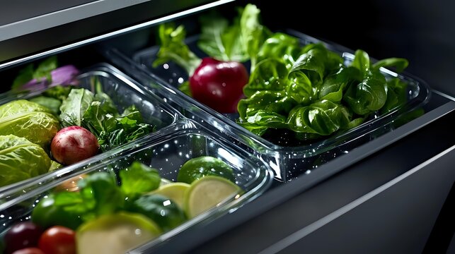 Fresh green lettuce leaves and red radishes in plastic container compartments with water droplets, ready for healthy meal preparation and storage.