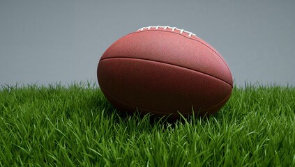 Obraz premium Lying American football resting on lush green grass at studio setup, with light grey backdrop