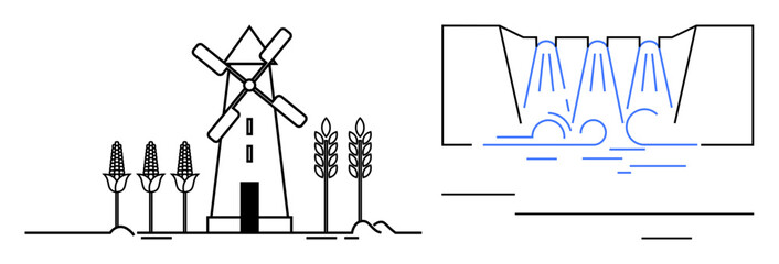 Windmill with crops and flowing hydroelectric dam. Ideal for renewable energy, agriculture, sustainability, water resources, rural development, eco-technology, green innovation. Simple flat metaphor