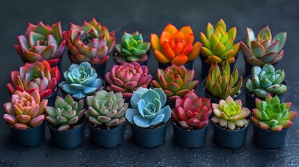 Colorful succulent plants collection in small black pots arranged in row on dark background, featuring vibrant pink, blue, orange and green echeveria varieties.