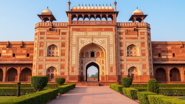 Magnificent Red Sandstone Gate and Detailed Architecture in Agra India Against a Clear Blue Sky with Lush Green Hedges
