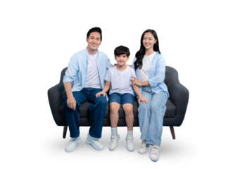 A loving family smiling and sitting on a modern sofa, embracing the warmth of togetherness.  They radiate joy and contentment on PNG