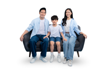 A happy family of three sitting on a couch together. They are smiling warmly, dressed casually on PNG 