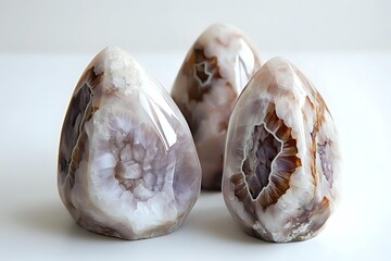 Naklejka premium Polished agate crystal eggs displaying natural banded patterns and geode formations in soft gray and brown tones against white background, mineral collection piece.