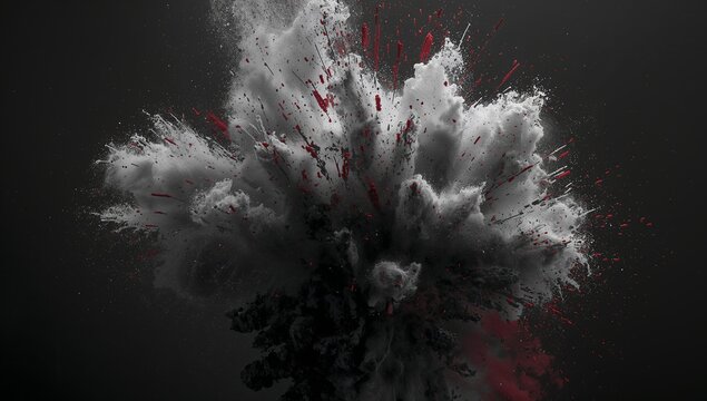 Erupting dark gray particle cloud expanding in void space, with dust plume and red particle streaks