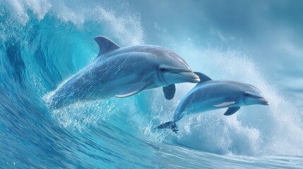 Fototapeta premium Two Playful Dolphins Leaping Through Crashing Ocean Waves Under Bright Sky in Serene Seascape Environment