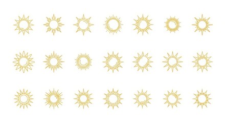Collection of radiant golden sunbursts on a clean white background, symbolizing warmth and light.