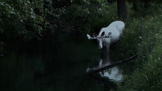 The leucism moose, the Swedish King of the Forest, wades gracefully through the calm waters of a V&auml;rmland lake