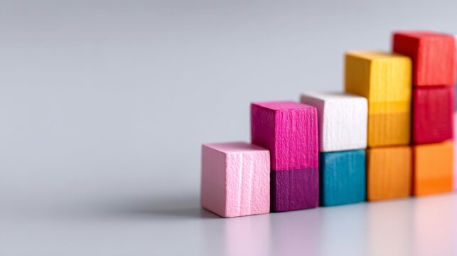 Vibrant Geometric Bar Chart in Minimalist Setting, a striking multi-colored bar chart featuring geometric shapes set against a clean, simple background with ample free space.