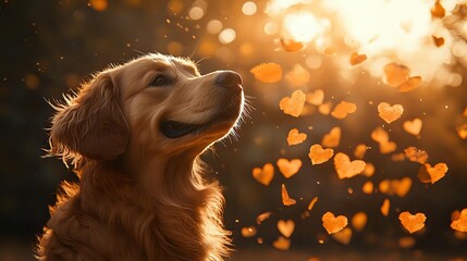 Golden retriever dog in sunset light with glowing heart-shaped bokeh effects, magical autumn atmosphere with orange backlight and floating hearts.
