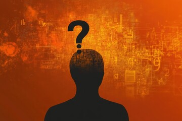 A dark silhouette of a person's head with a question mark above it, set against a fiery orange background filled with abstract symbols and numbers, suggesting uncertainty and complex thought processes