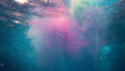 Swirling dense pigment cloud releasing pink and purple colors underwater, with shimmering particles