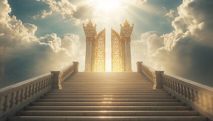 Climbing marble staircase toward ornate golden gates among clouds, with balustrades and pillars