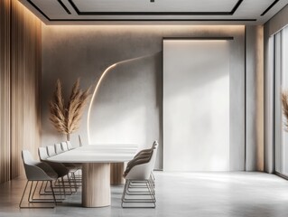 Modern meeting room with minimalist design and natural light in a stylish workspace