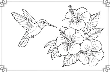 “Grace in Flight: Hummingbird and Hibiscus Line Art”