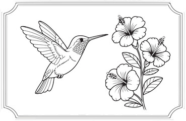 “Grace in Flight: Hummingbird and Hibiscus Line Art”
