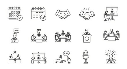 Modern icons representing business meetings, presentations, and teamwork.