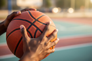 Fototapeta premium Close up of hands holding a basketball on court