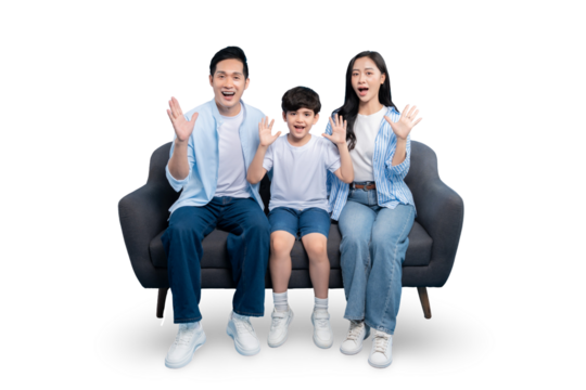 Family Portrait: A happy family of three sitting on a sofa and looking at the camera with a surprised expression. They all have their arms raised in surprise on PNG