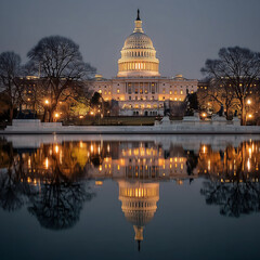 Obraz premium The united states capitol building illuminated at night, reflected in calm waters, showcasing its architectural grandeur and historical significance