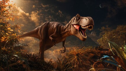 Roaring Tyrannosaurus rex baring sharp teeth in jungle clearing, with mist and volcanic cone