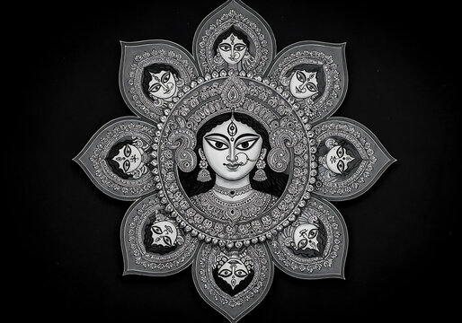 Intricate Navadurga Mandala Artwork Featuring Nine Forms of Goddess Durga in Circular Design