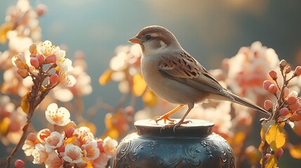Sparrow perched on funeral urn amid autumn blooms