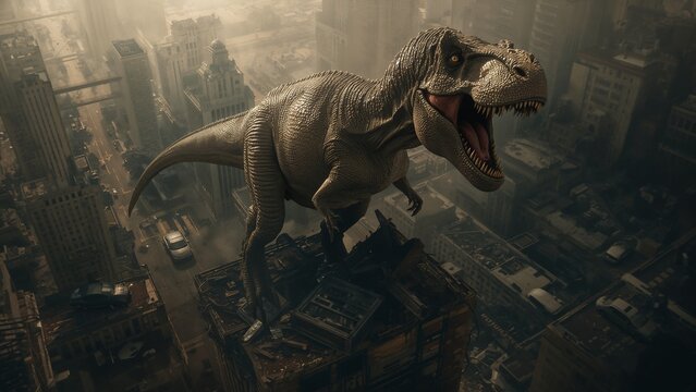 Roaring theropod dinosaur standing atop high-rise ruins in downtown, with cars and smoke plumes - Powered by Adobe