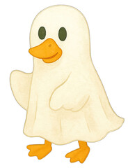 Funny halloween duck ghost costume with orange beak and feet smiling happily in playful spooky style perfect for festive celebration and joyful mood