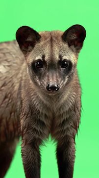 Adorable small mammal portrait with big dark eyes on a vibrant green studio background