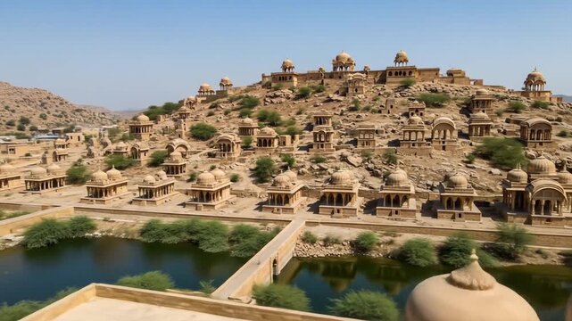 Panoramic View of Royal Cenotaphs at Mandore Gardens in Rajasthan India Featuring Sandstone Structures on Hilltop with Blue Sky