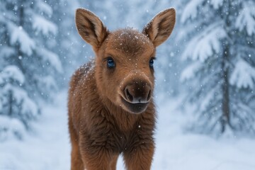 Obraz premium Adorable calf in snowy forest