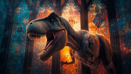 Roaring Tyrannosaurus rex standing inside gothic cathedral, with stained glass windows and arches