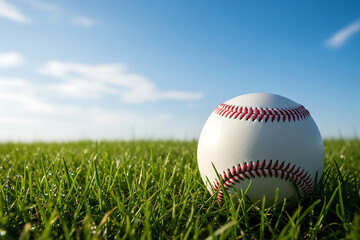 Baseball resting in green grass under blue sky