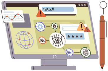 Computer monitor showing warning signs, security icons, and login prompts reflecting cybersecurity, online payment, data protection, phishing, technology risks, internet safety, and simple landing