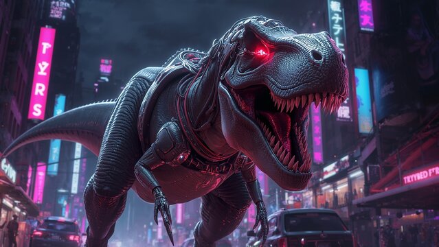 Prowling bionic Tyrannosaurus rex roaming neon cyberpunk street night past Japanese signs - Powered by Adobe
