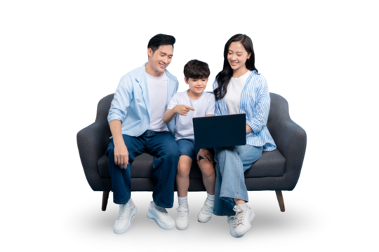 A family of three enjoys quality time looking at a laptop while sitting on a gray couch. The parents are both smiling and look happy as they are gathered with their child on PNG  - Powered by Adobe