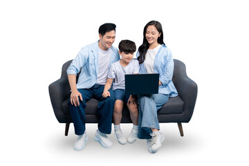 A happy family using laptop on the sofa on PNG
