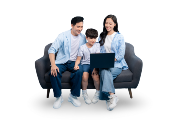A happy family using laptop on the sofa on PNG 