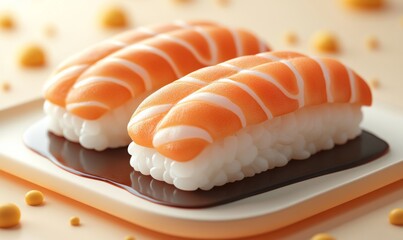 Isometric sushi nigiri with shrimp and soy sauce, Japanese fine dining, 3D icon set